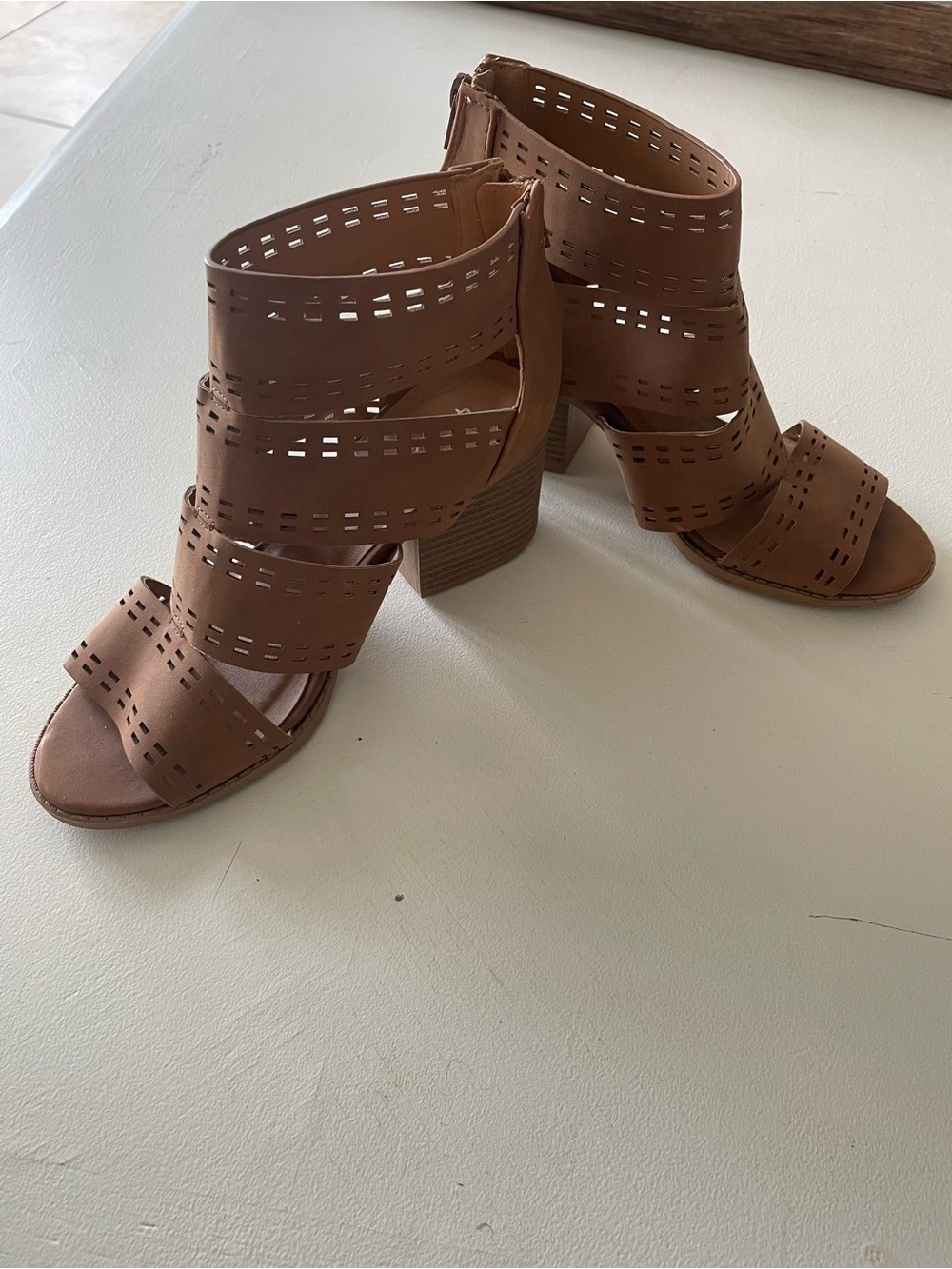 Qupid Brown Laser-Cut Strappy Block Heel Sandals